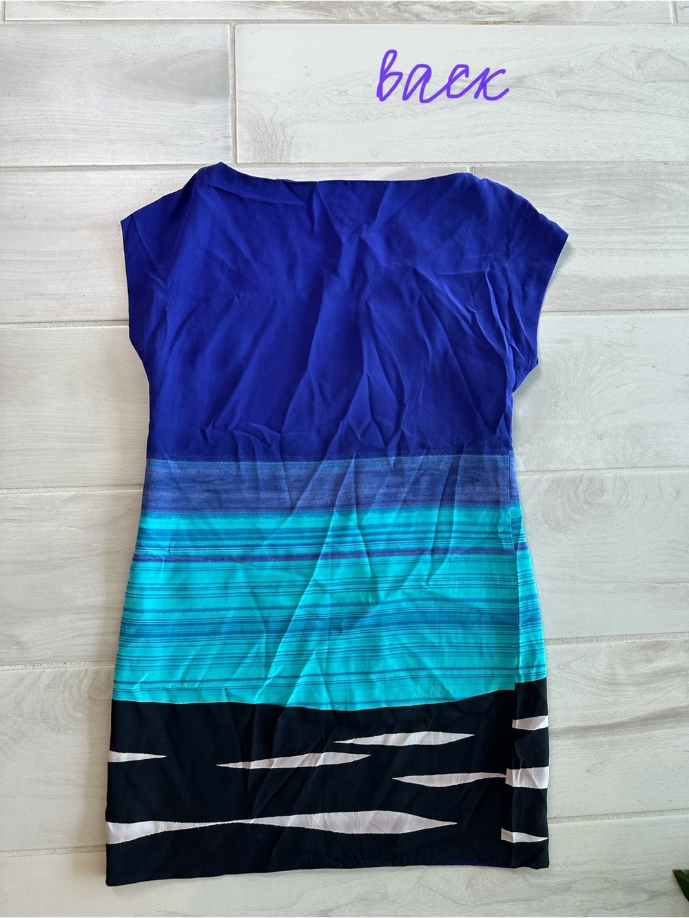 Trina Turk 100% Silk Shift Dress Blue Teal Abstract Print Lined Made USA Size 6 - Picture 6 of 11